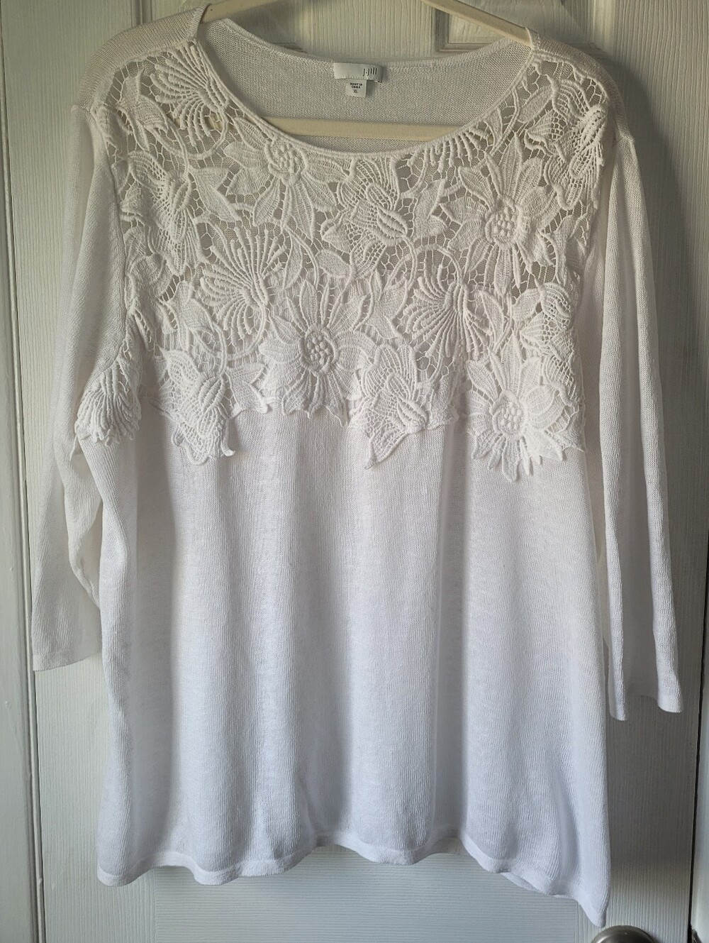 J. Jill XL White Linen Blend Crochet Floral Lace Knit Top Coastal Romantic